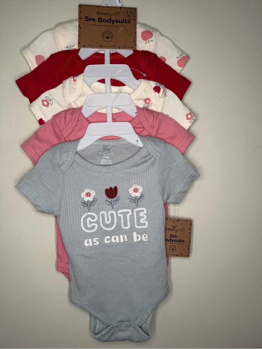 5-Pack Baby Bodysuits - Gray, Pink, Red, Cream Floral Set